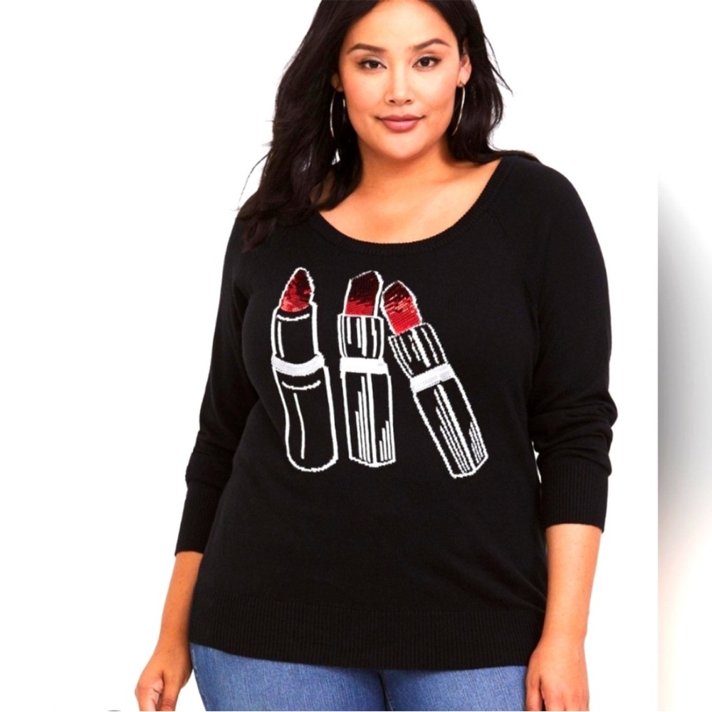 Torrid Black Sequin Lipstick Novelty Print Balloon Sleeve Sweater Size 2X